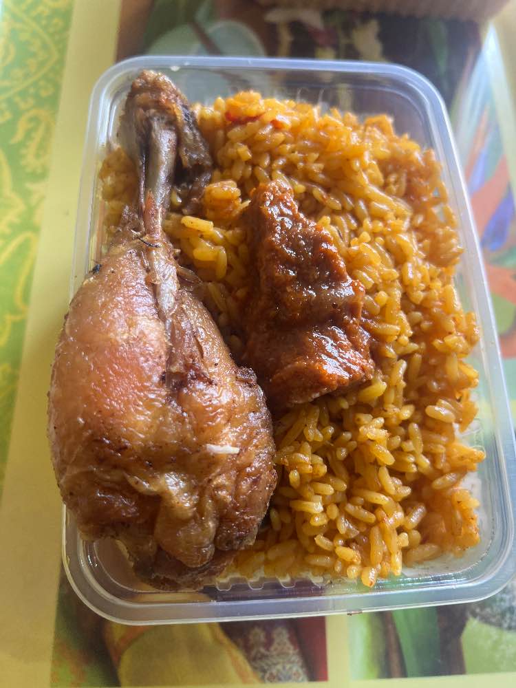 Jollof rice, meat and chicken image - mobifoods