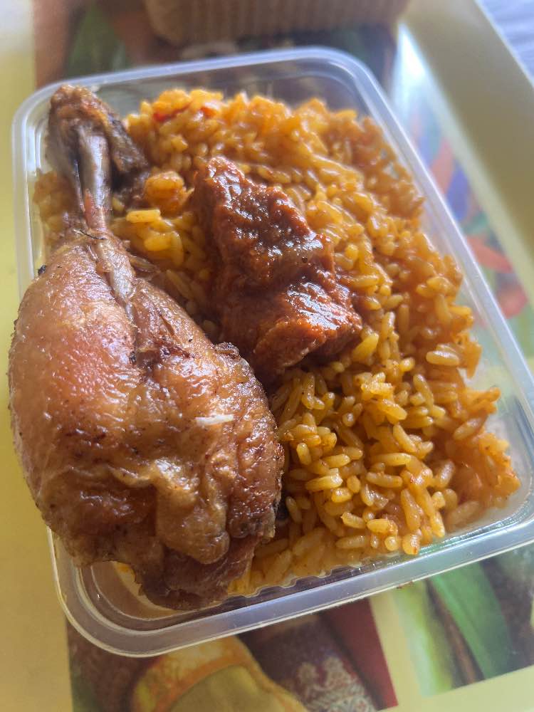Jollof rice, meat and chicken image - mobifoods