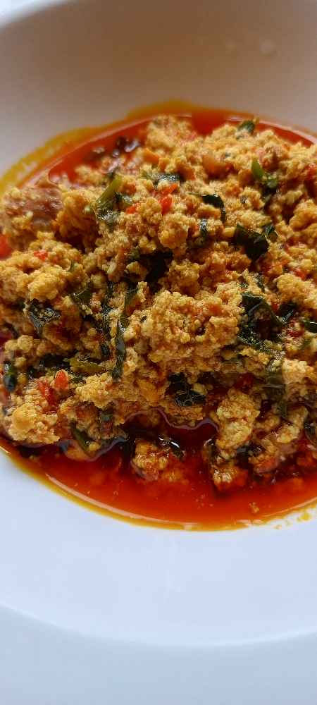 Semo with egwusi soup and 1 beef image - mobifoods